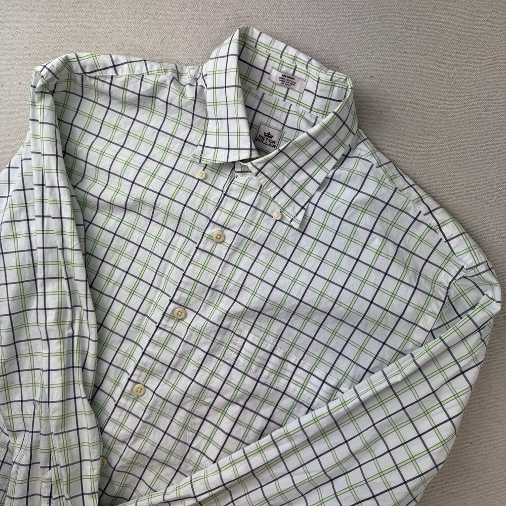 Peter Millar Button Up Shirt Men Medium White Blue Green Plaid Long Sleeve